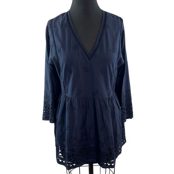 NEW ROBERTA ROLLER RABBIT Gilda Top Navy Blue 3/4 Sleeve Cotton Blouse Size XS - Picture 1 of 12